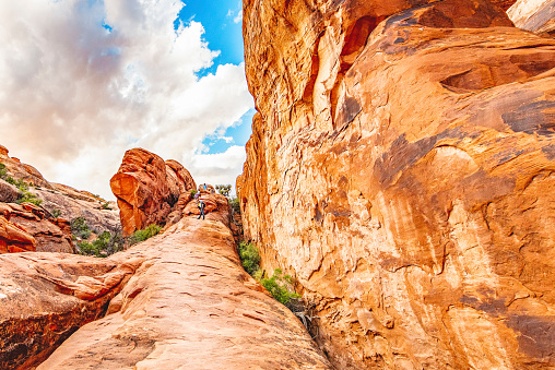 Footpath trail leading into the sand stone pinnacles and rocks inside the Arches National Park.