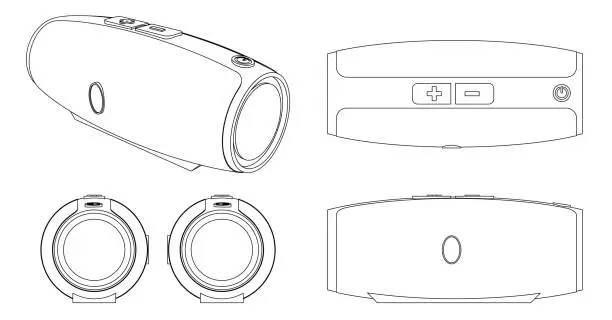 Vector illustration of Portable acoustics or mobile speaker blueprint or scheme for music with perspective. Modern party or travel music device