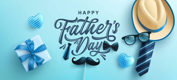 istock Father's Day poster or banner template with hat,necktie and gift box on blue background.Greetings and presents for Father's Day in flat lay styling.Promotion and shopping template for love dad 1321632095
