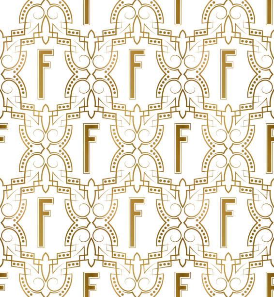 Golden initial seamless pattern with F letter. Heraldic vintage decorative wallpaper, fabric print or wrapping. Golden initial seamless pattern with F letter. Heraldic vintage decorative wallpaper, fabric print or wrapping. antique illustration of ornate letter f stock illustrations