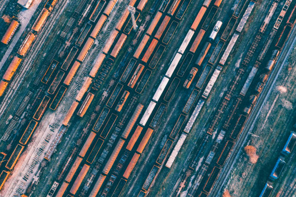 istock Industrial conceptual scene with trains. Top view. 1321640569