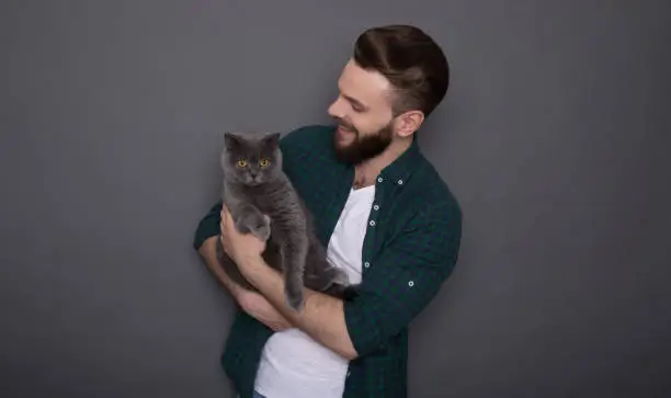 Photo of Beautiful smiling young bearded man holds his lovely fluffy cat on hands and they posing together like best friends on the camera