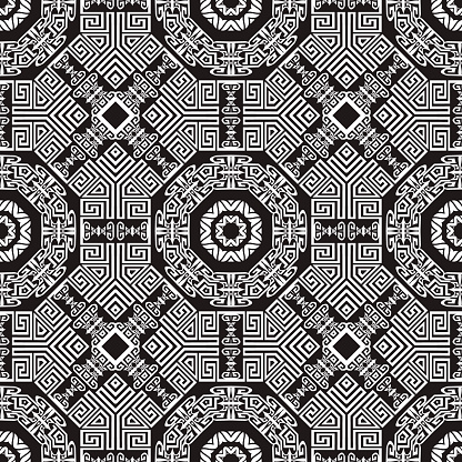 Tradiitional tribal ethnic seamless pattern. Vector black and white background. Greek key, meanders. Abstract geometric ornaments with shapes, symbols, lines, signs, mandalas. Repeat modern design.
