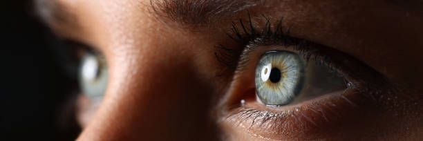 amazing female green colored eyes in low light technique - human eye eyesight women creativity imagens e fotografias de stock