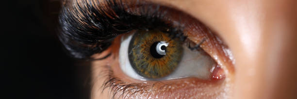 istock Beautiful female green colored right eye with eyelashes extensions 1321647683