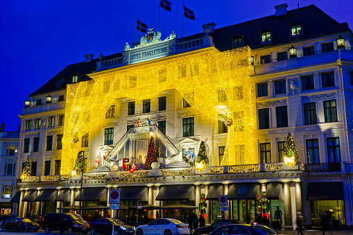 Christmas decorated Hotel D'Angleterre in Copenhagen, Denmark, Scandinavia, Europe