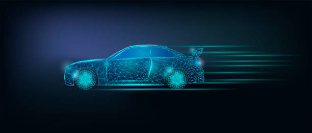 istock High speed car. Drive and fast race auto, power concept. Banner template with glowing low poly graphic arts. Futuristic modern abstract dark background. Vector illustration. 1321649667