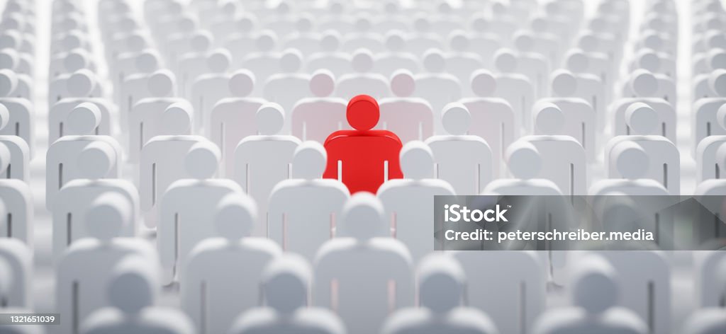 Red man icon as leader Red 3D man icon as leader between white man icons Standing Out From The Crowd Stock Photo