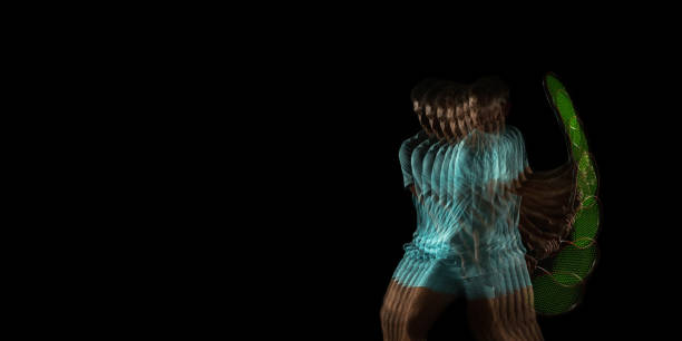 Flyer. Young man, professional tennis player isolated on black background in mixed neon light. Stroboscope