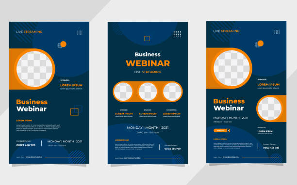 Set of business webinar social media stories post template with geometric background and circle frame Set of business webinar social media stories post template with geometric background and circle frame digital ads mockups stock illustrations