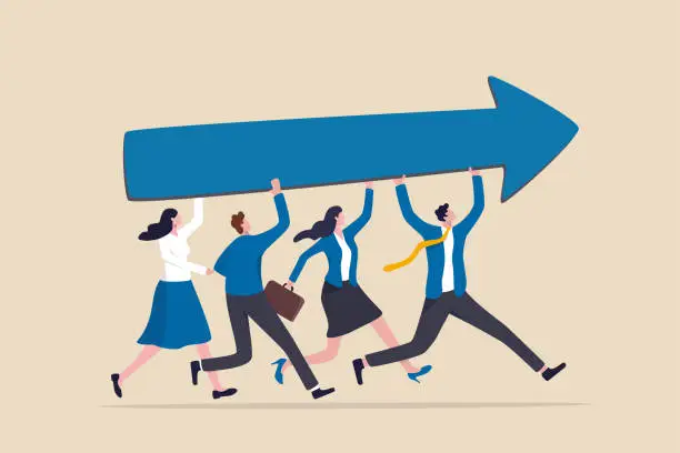 Vector illustration of Team success and improvement, sharing same business goal and direction, support and partnership for career growth concept, businessman and woman teamwork help carry big growth rising up arrow graph.