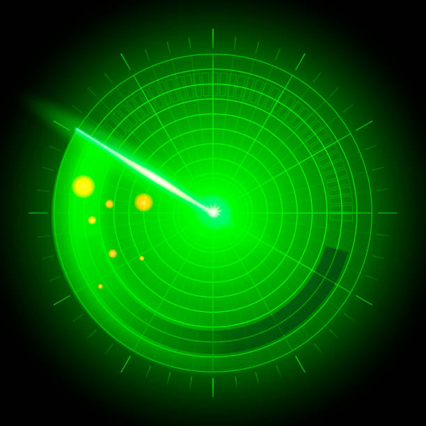 istock Vector Illustration digital realistic abstract military search system radar with targets in action on monitor. Navigation interface, Navy sonar. 1321653189