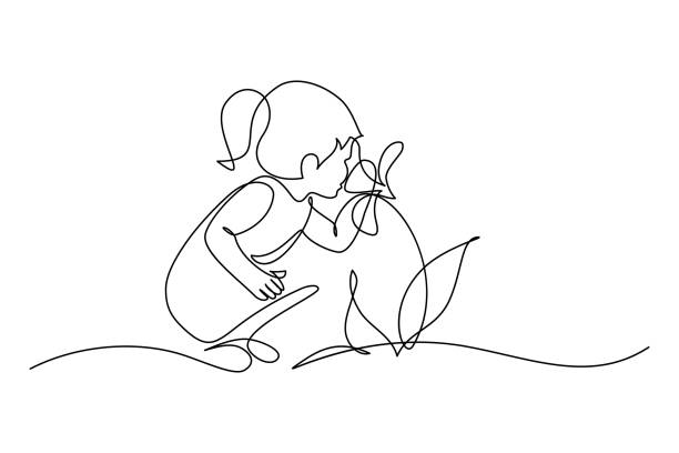 Child smelling flower Child smelling flower in continuous line art drawing style. Small girl squatted down to sniff the fragrant flower. Black linear sketch isolated on white background. Vector illustration continuous line drawing stock illustrations
