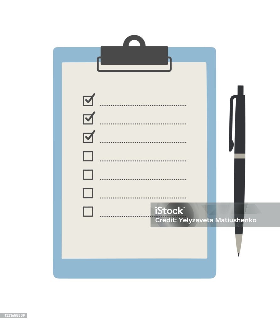 Vectorillustratie van klembord papier met checklist, en pen, geïsoleerd op wit. - Royalty-free Checklist vectorkunst