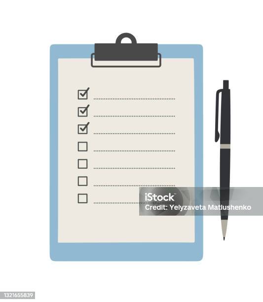 Vectorillustratie Van Klembord Papier Met Checklist En Pen Geïsoleerd Op Wit Stockvectorkunst en meer beelden van Checklist