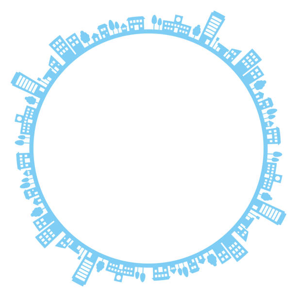 주택과 건물의 실루엣이 있는 둥근 프레임 - skyline silhouette cityscape residential district stock illustrations