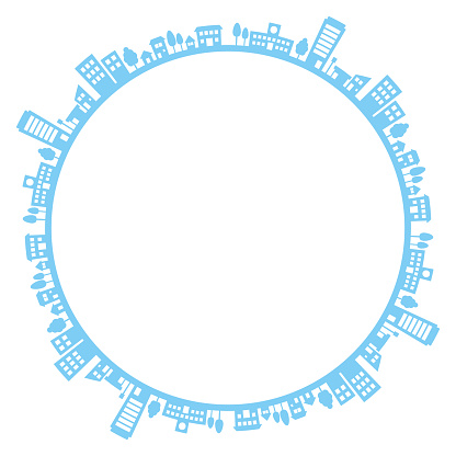 Round frame with silhouettes of houses and buildings, vector illustration.