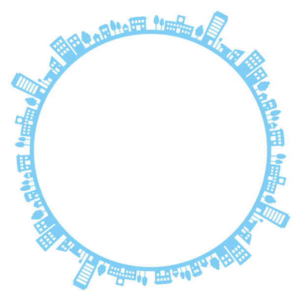 Round frame with silhouettes of houses and buildings Round frame with silhouettes of houses and buildings, vector illustration. cityscape borders stock illustrations