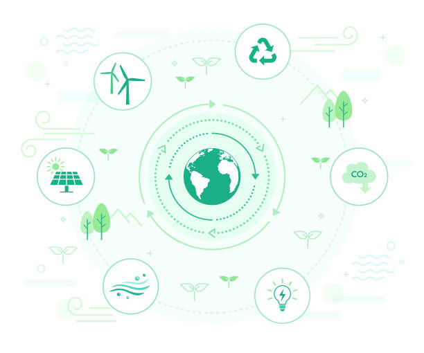 illustrazioni stock, clip art, cartoni animati e icone di tendenza di illustrazione infografica ecologia: ambiente verde, energie rinnovabili - save the planet