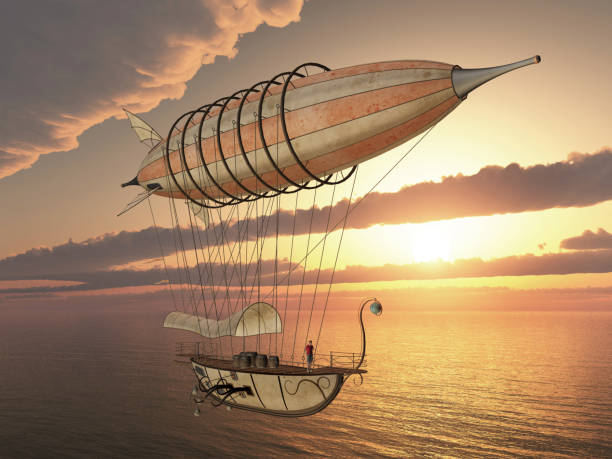 istock Fantasy airship over the sea at sunset 1321660706