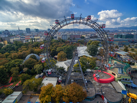 Vienna, Austria - October 07, 2016: The Giant Ferris Wheel. The Wiener Riesenrad.  it was the world's tallest extant Ferris wheel from 1920 until 1985. Prater park.