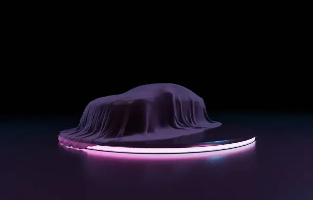 presentation of a car covered with cloth on a circular stage with purple neon lights and dark background. 3d render
