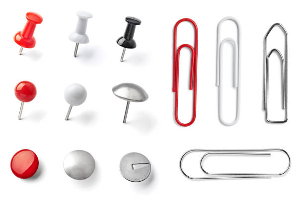 collection of various pushpins on white background. each one is shot separately