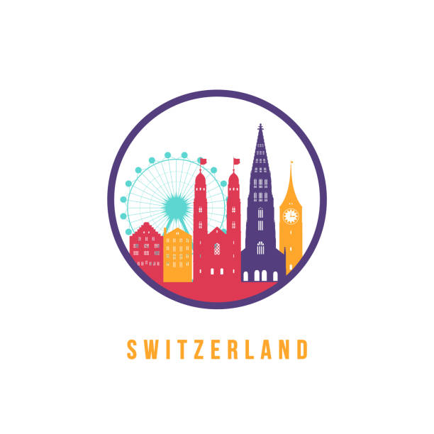 Famous Switzerland landmarks silhouette. Colorful Switzerland skyline round icon. Vector template for postmark, stamp, badge or logo. Famous Switzerland landmarks silhouette. Colorful Switzerland skyline round icon. Vector template for postmark, stamp, badge or logo. switzerland zurich architecture church stock illustrations