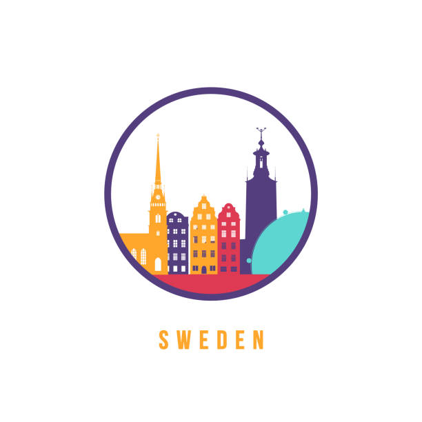 słynna szwecja zabytki sylwetka. kolorowa szwecja panorama okrągła ikona. szablon wektorowy dla stempla pocztowego, stempla, plakietki lub logo. - stockholm silhouette sweden city stock illustrations