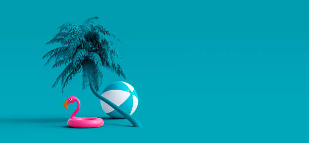 istock Pink flamingo and palm tree on blue summer background 1321665860