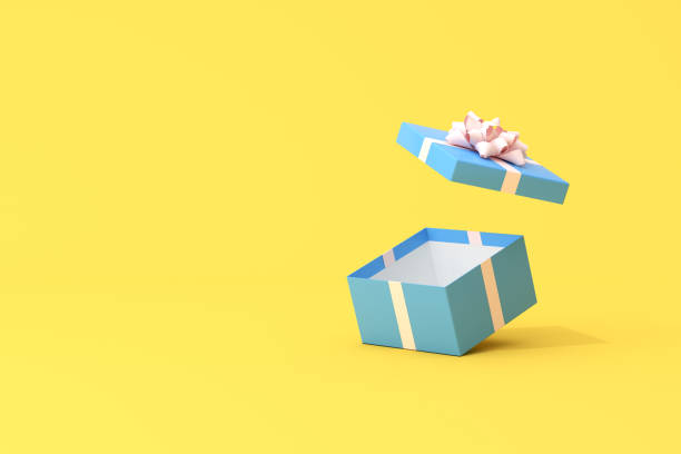 istock 3D rendering of open gift box on yellow background. 1321666260