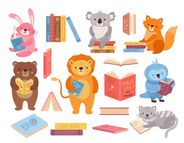 Vector illustration of Cute animals with books. Animal read, book stacks. School study characters, bird rabbit bear in library. Children education exact vector set