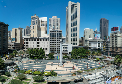 San Francisco, USA - August 2019: Top view of people walking in Union Square