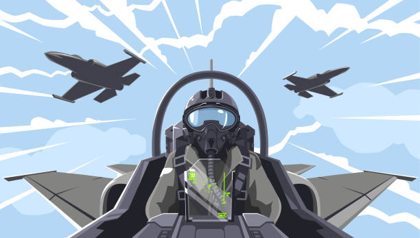 Pilot Pilot's in the fighter. Aircraft-fighter cockpit overview. Aerobatic team in the air. A military fighter in the clouds. Figures of higher pilatage. The pilot of a military plane. Illustration, EPS 10 pilot stock illustrations