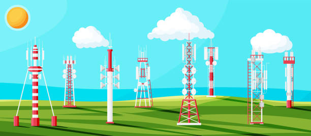 Transmission Cellular Tower Antenna Landscape Transmission Cellular Tower Antenna Landscape. Network Broadcast Equipment Isolated. Broadcasting, Internet, Television Cell Station. 4G 5G. Satellite Communication Antenna. Flat Vector Illustration cell tower stock illustrations