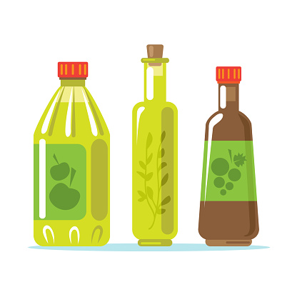 Set of apple cider vinegar, flavored vinegar and balsamic. Design elements for leaflet, booklet or sticker. Harvest symbol. Ingredients for cooking, baking, salad dressing and preservation.