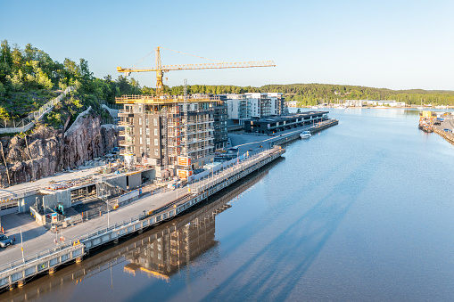 Aerial view of construction site of residential buildings in Turku, Finland