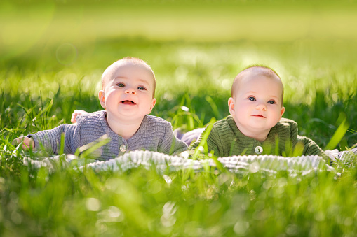 twins kids lie on a blanket on green grass in a summer sunny park, smiling