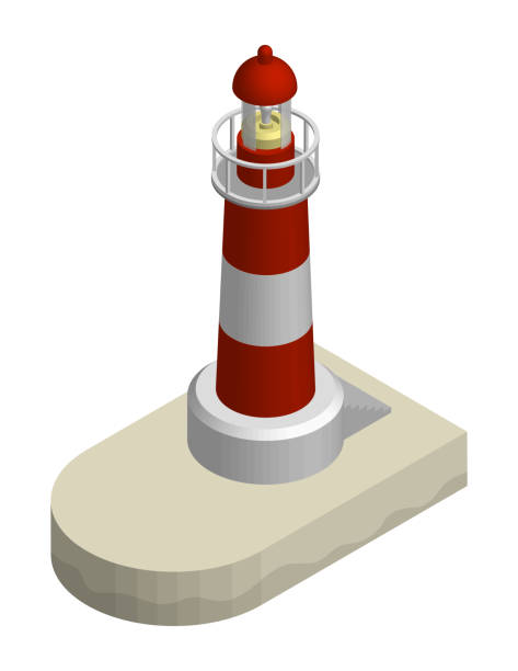 ilustrações, clipart, desenhos animados e ícones de farol costeiro marítimo isométrico. rota segura na área de navegação. vetor 3d realista - lighthouse beacon sailing storm