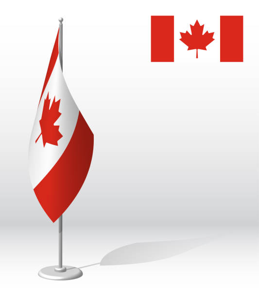 istock Canada flag on flagpole for registration of solemn event, meeting foreign guests. National independence day of Canada. Realistic 3D vector on white 1321679421