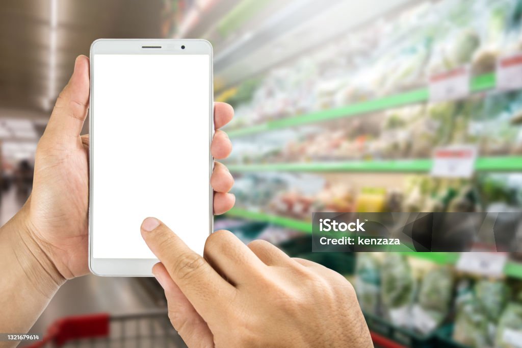 Using Using Phone Background Image Human Using Mobile Phone With White Screen On Department Store Blurred ...