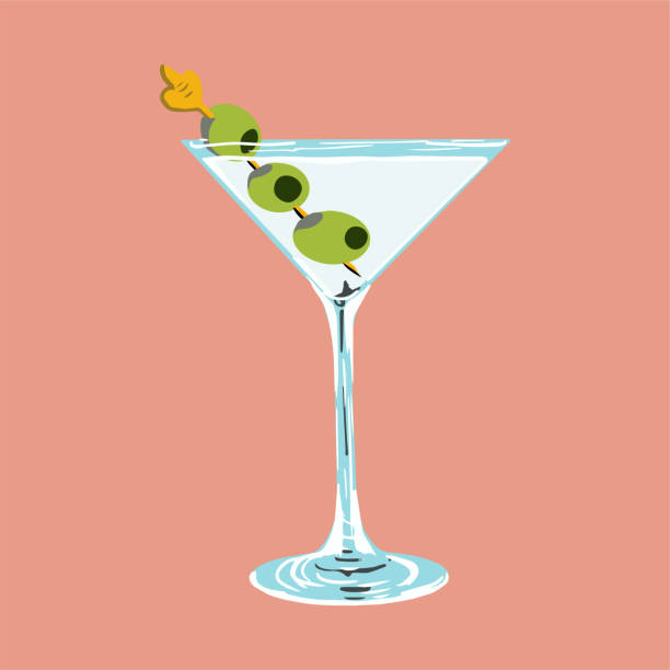 ilustrações de stock, clip art, desenhos animados e ícones de glass of martini with green olives. vector illustration - martini glass