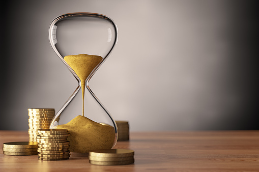 Time is Money Concept with Coins and Hourglass. 3d render