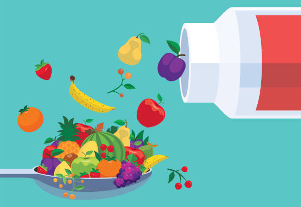 ilustrações de stock, clip art, desenhos animados e ícones de spoon of fruits and pill bottle - food supplement illustrations