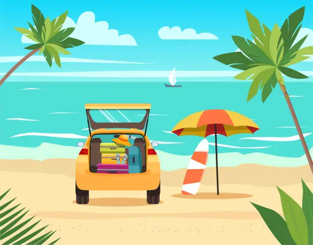 Vector illustration of Car, suitcase, bags and other luggage, palm trees and umbrella beach. Vector flat style illustration
