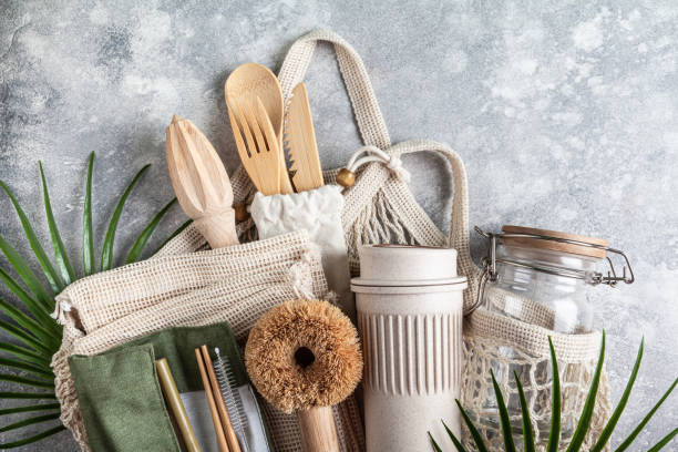 istock Set of eco friendly  kitchen accessories in a string bag. 1321690898