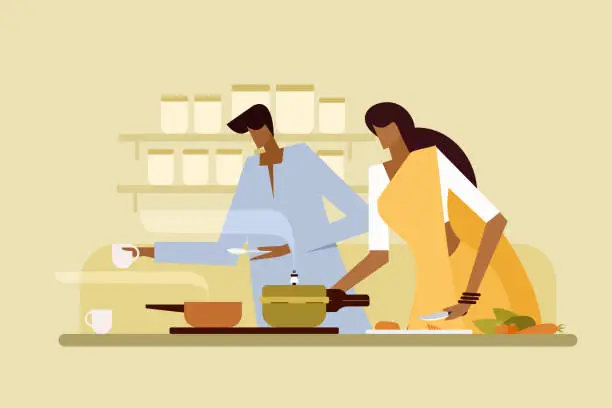 Vector illustration of Illustration of an Indian couple cooking in their kitchen