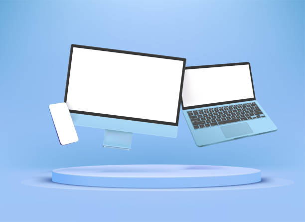 modernes blaues smartphone, laptop und desktop-computer mit leeren bildschirmen. levitationseffekt - levitation stock-grafiken, -clipart, -cartoons und -symbole