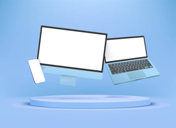 ilustraciones, imágenes clip art, dibujos animados e iconos de stock de moderno teléfono inteligente azul, computadora portátil y computadora de escritorio con pantallas en blanco. efecto de levitación - suspendido en el aire
