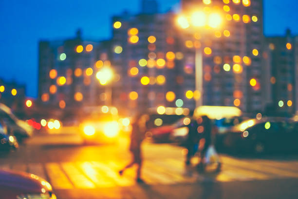 Pedestrian Crossing Defocused Blue Boke Bokeh Urban City Background Effect. Design Backdrop.